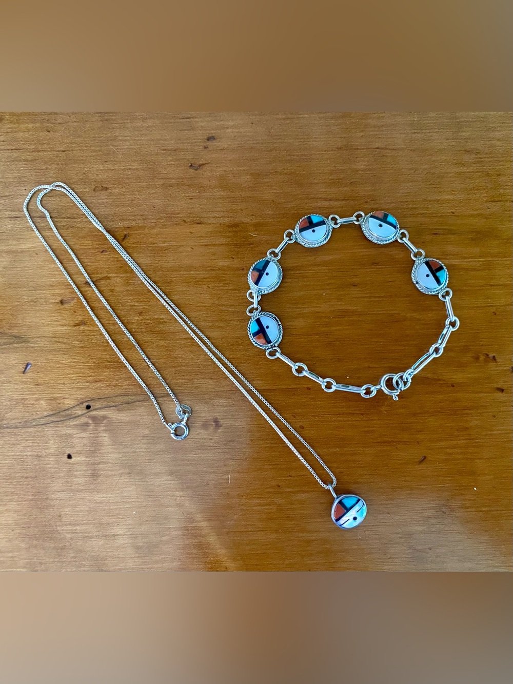 Zuni Sterling Silver Sunface Link Bracelet and Pendant Set